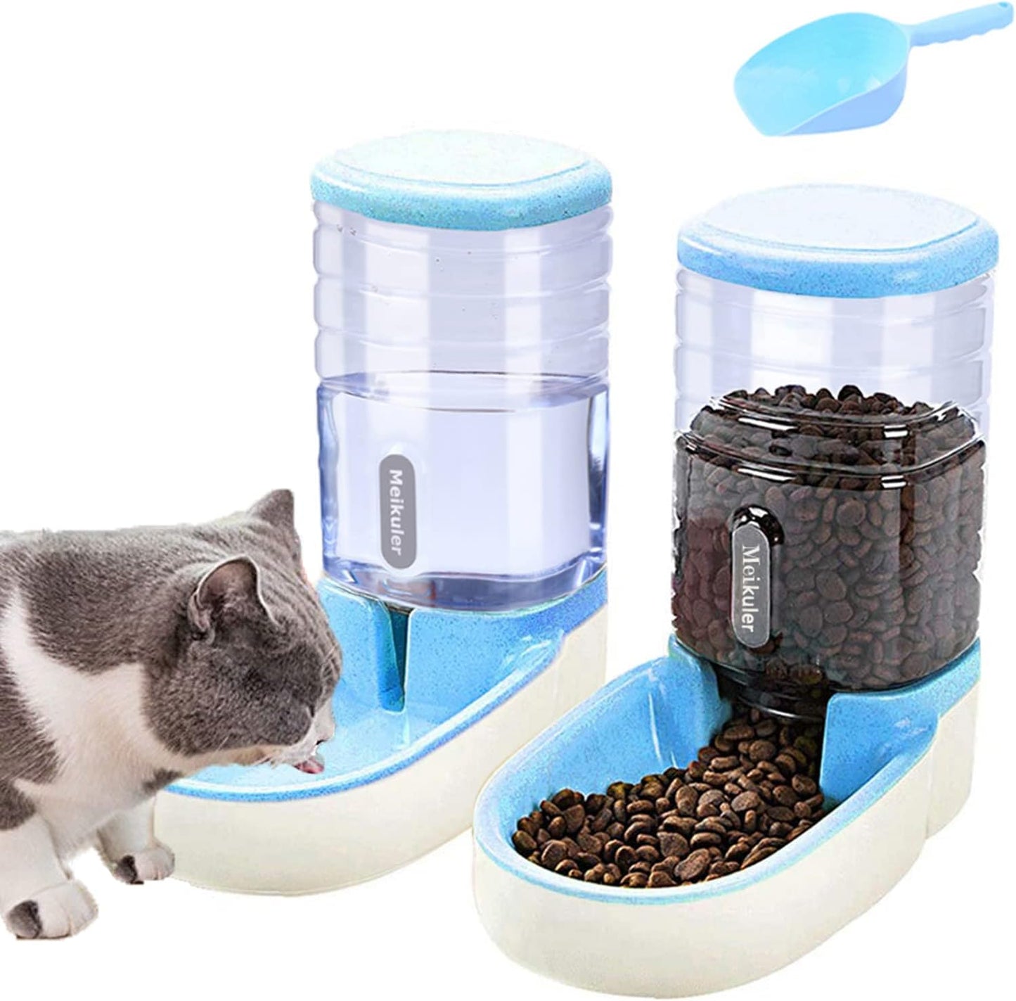 Automatic Dog Cat Feeder and Water Dispenser Set,Waterer and Gravity Food Feeder for Small & Medium Dogs Cats Puppies,Large Capacity 1 Gallon X 2 (Grey)
