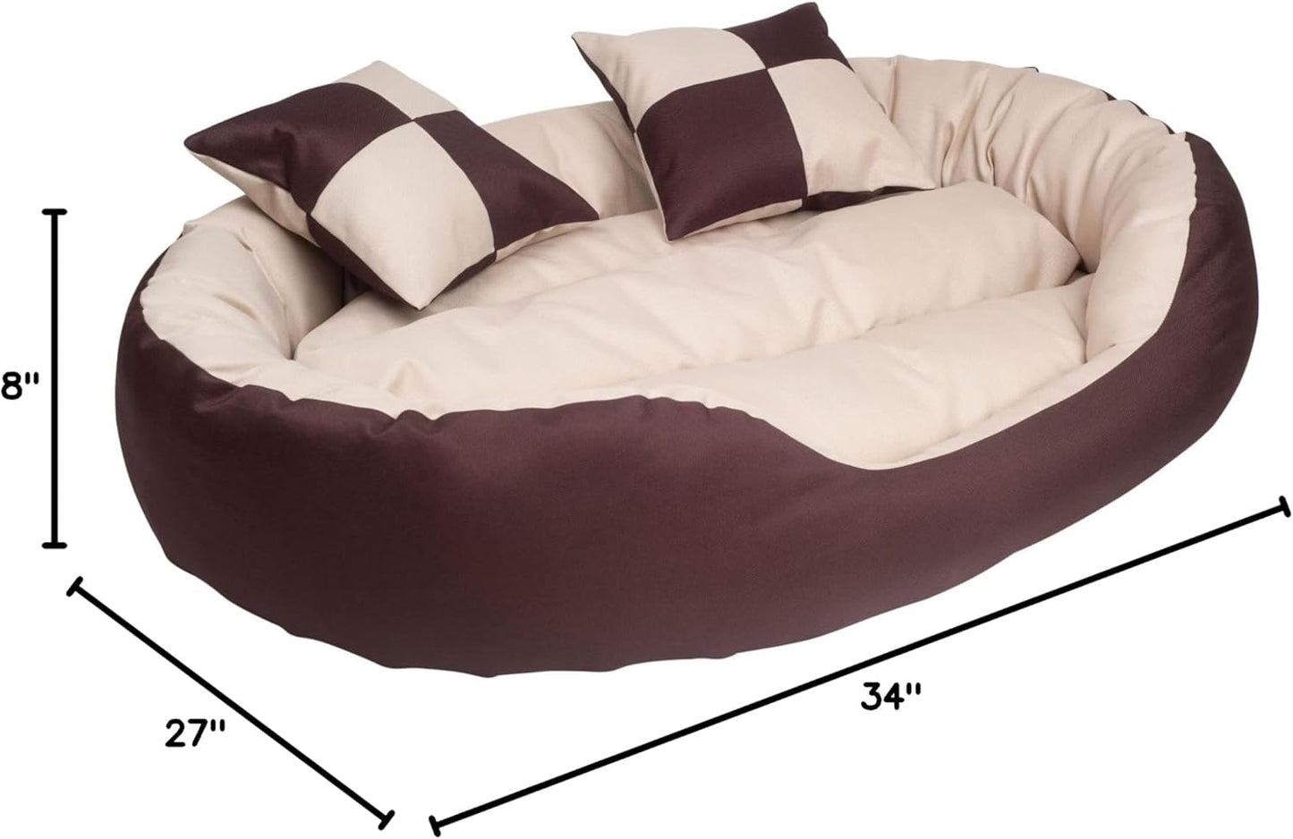 Durable Bolster Sleeper Oval Pet Bed with Removable Reversible Insert Cushion and Additional Two Pillow Toys (6X 6 Inches), Brown to Beige Color, by , Large 34X27 Inches