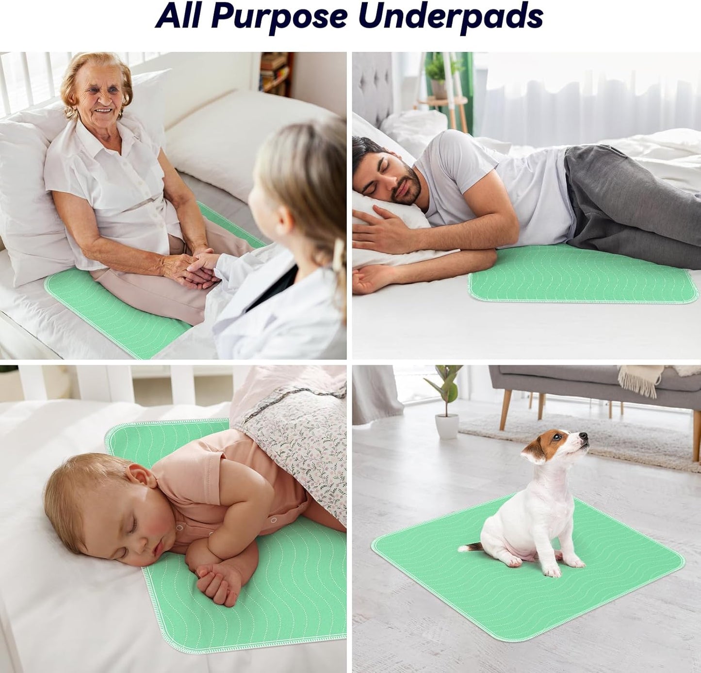 4 Pack 24” X 24” Extra Heavy Absorbency Washable Underpads, Waterproof Nursing Pads Incontinence Bed Pads, Reusable Washable Pee Pads for Dogs, Diaper Changing & Adults, Washable Puppy Pads