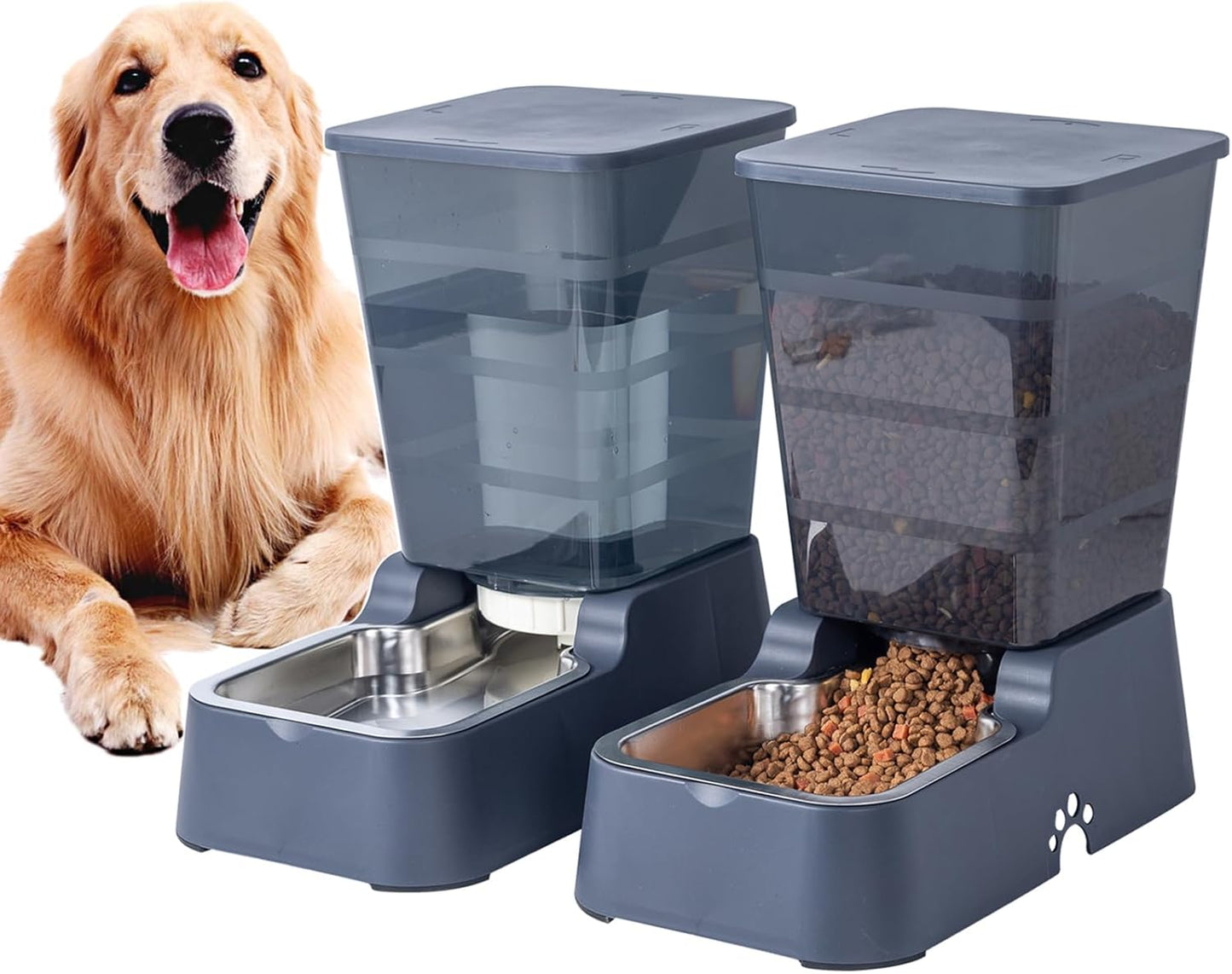 Automatic Dog Cat Feeder and Water Dispenser Set,Waterer and Gravity Food Feeder for Small & Medium Dogs Cats Puppies,Large Capacity 1 Gallon X 2 (Grey)