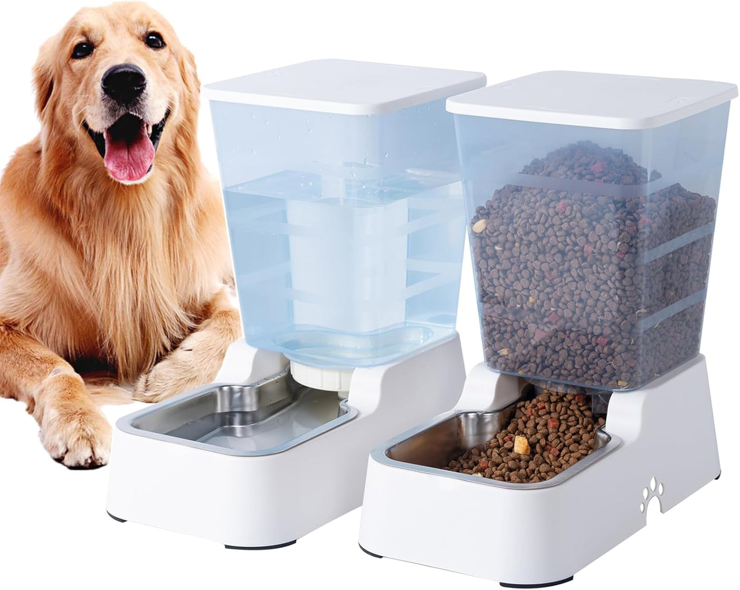 Automatic Dog Cat Feeder and Water Dispenser Set,Waterer and Gravity Food Feeder for Small & Medium Dogs Cats Puppies,Large Capacity 1 Gallon X 2 (Grey)