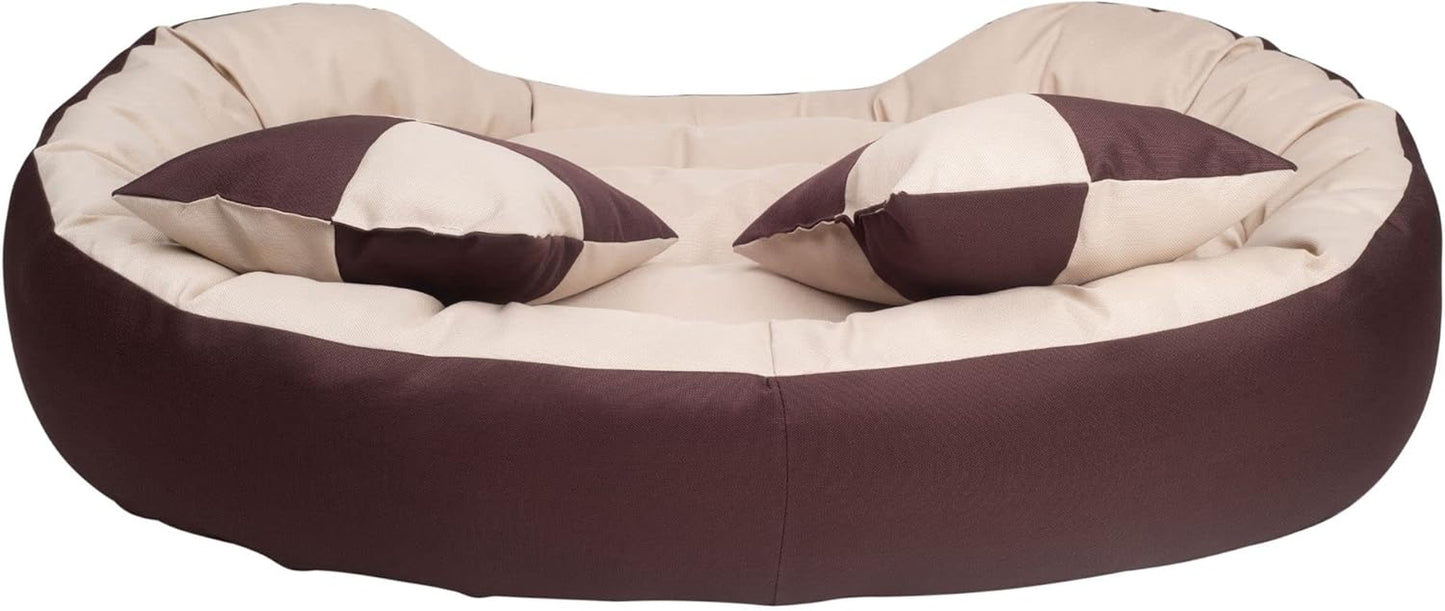 Durable Bolster Sleeper Oval Pet Bed with Removable Reversible Insert Cushion and Additional Two Pillow Toys (6X 6 Inches), Brown to Beige Color, by , Large 34X27 Inches