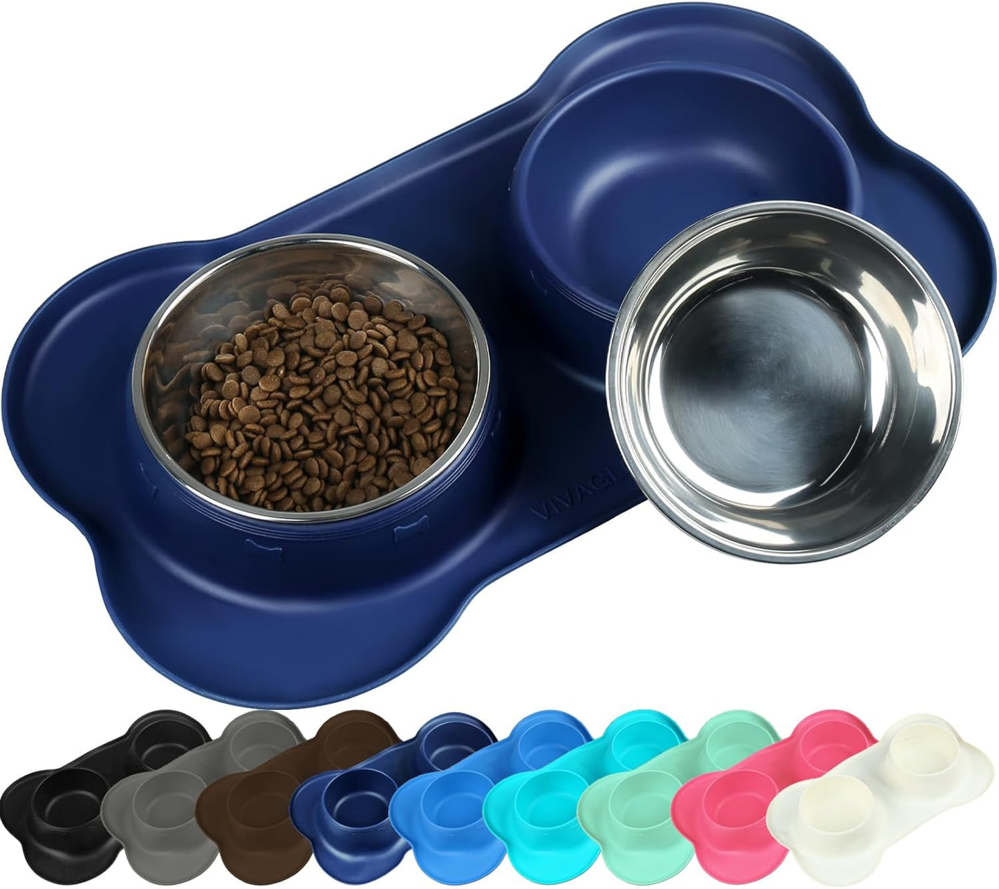 Dog Bowls, Dog Food Bowls, Stainless Steel Cat Puppy Water Bowls with Non Spill Skid Resistant Silicone Mat, Large, Black