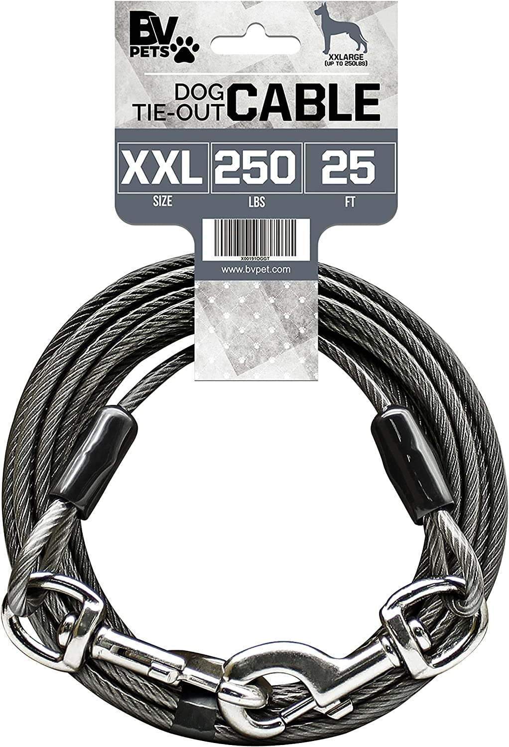 Dog Tie Out Cable 25 Feet - Heavy Duty Dog Lead up to 90 Pounds - Reflective & Rust-Free with Quick Release Swivel Clips & 360° Rotating Clasp - Tangle-Free Dogs Runner for Yard (Silver, Single)