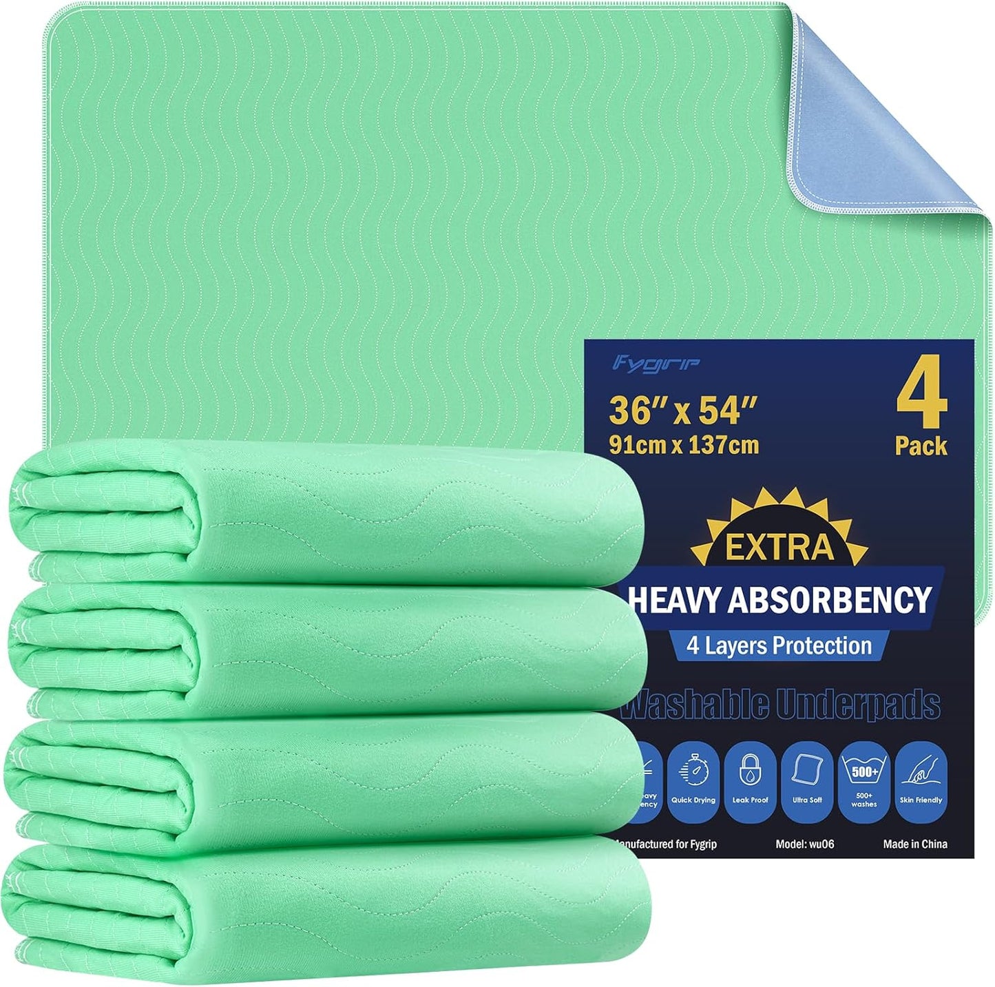4 Pack 24” X 24” Extra Heavy Absorbency Washable Underpads, Waterproof Nursing Pads Incontinence Bed Pads, Reusable Washable Pee Pads for Dogs, Diaper Changing & Adults, Washable Puppy Pads