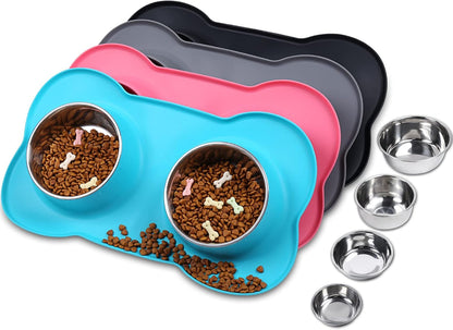 Dog Bowls, Dog Food Bowls, Stainless Steel Cat Puppy Water Bowls with Non Spill Skid Resistant Silicone Mat, Large, Black