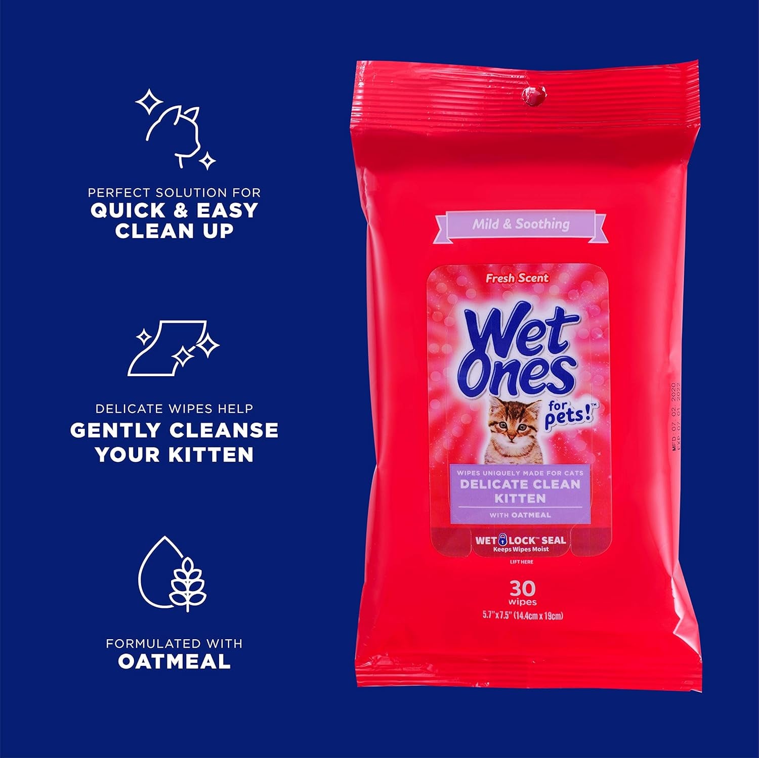 for Pets Delicate Clean Kitten Wipes for Cats with Oatmeal Cat Cleaning Wipes, Mild & Soothing Cat Grooming Wipes with Wet Lock Seal (Pack of 1, 30 Count Total)