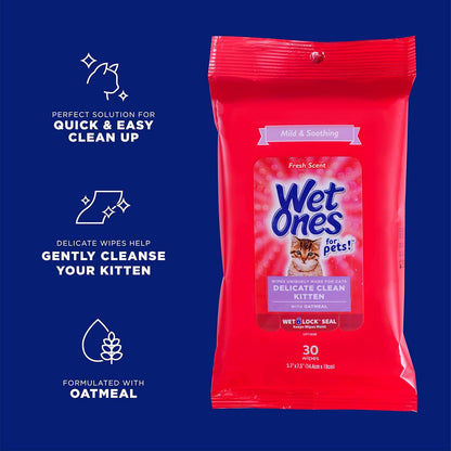 for Pets Delicate Clean Kitten Wipes for Cats with Oatmeal Cat Cleaning Wipes, Mild & Soothing Cat Grooming Wipes with Wet Lock Seal (Pack of 1, 30 Count Total)