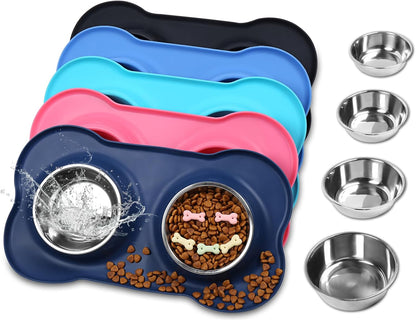 Dog Bowls, Dog Food Bowls, Stainless Steel Cat Puppy Water Bowls with Non Spill Skid Resistant Silicone Mat, Large, Black