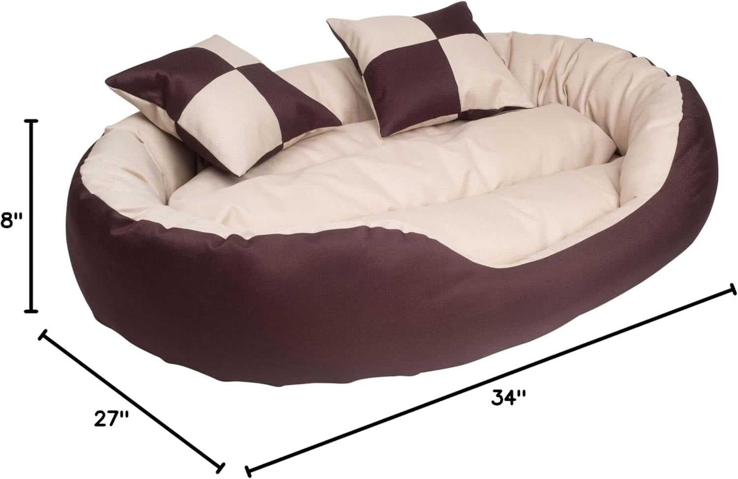 Durable Bolster Sleeper Oval Pet Bed with Removable Reversible Insert Cushion and Additional Two Pillow Toys (6X 6 Inches), Brown to Beige Color, by , Large 34X27 Inches