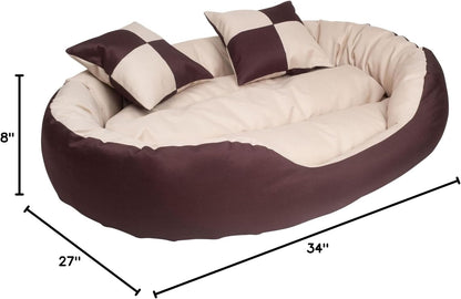 Durable Bolster Sleeper Oval Pet Bed with Removable Reversible Insert Cushion and Additional Two Pillow Toys (6X 6 Inches), Brown to Beige Color, by , Large 34X27 Inches