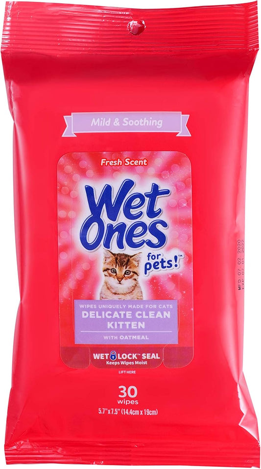 for Pets Delicate Clean Kitten Wipes for Cats with Oatmeal Cat Cleaning Wipes, Mild & Soothing Cat Grooming Wipes with Wet Lock Seal (Pack of 1, 30 Count Total)