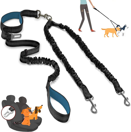 Dual Dog Leash, Double Leash for 2 Dogs Tangle Free Two Dogs Leash 360° Swivel No Tangle Bungee Reflective Double Leash for Medium Large Dogs Walking Training (Black+Blue)
