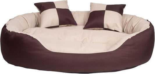 Durable Bolster Sleeper Oval Pet Bed with Removable Reversible Insert Cushion and Additional Two Pillow Toys (6X 6 Inches), Brown to Beige Color, by , Large 34X27 Inches