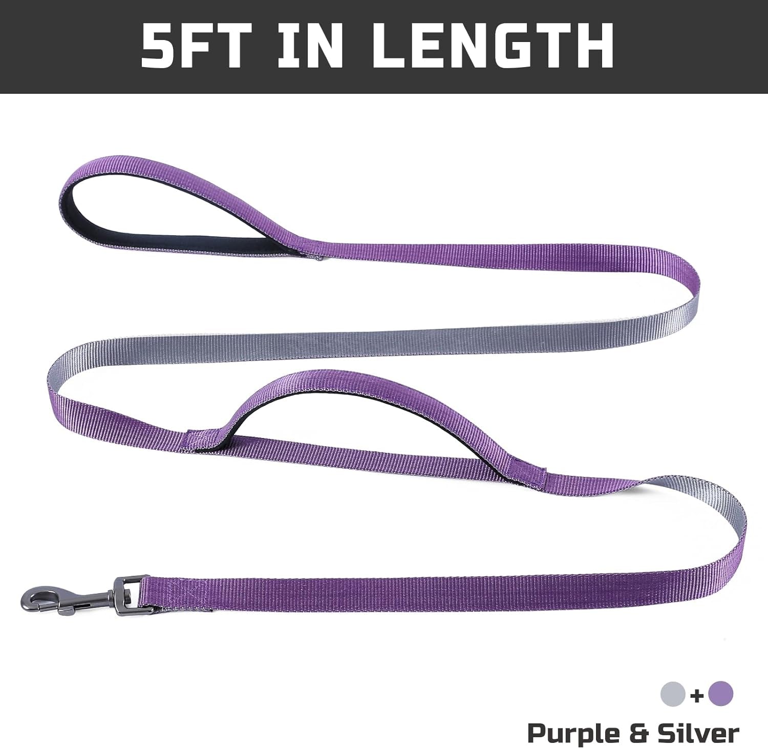 5Ft Dog Leash Heavy Duty, Training Rope Leash with 2 Padded Handle Service Pet Lead Chew Proof with Reflective for Traffic Control Safety, Perfect for Large Medium or Small Dog (Purple&Silver)