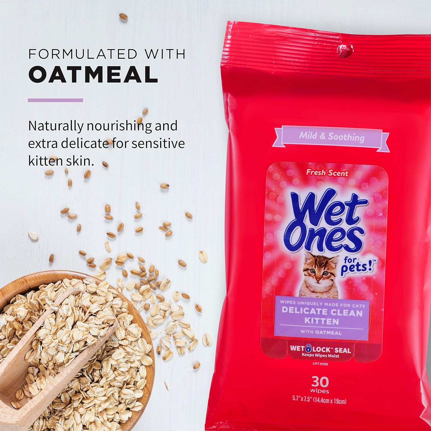 for Pets Delicate Clean Kitten Wipes for Cats with Oatmeal Cat Cleaning Wipes, Mild & Soothing Cat Grooming Wipes with Wet Lock Seal (Pack of 1, 30 Count Total)