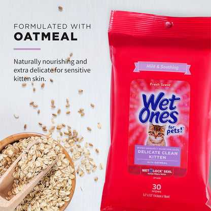 for Pets Delicate Clean Kitten Wipes for Cats with Oatmeal Cat Cleaning Wipes, Mild & Soothing Cat Grooming Wipes with Wet Lock Seal (Pack of 1, 30 Count Total)