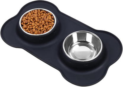 Dog Bowls, Dog Food Bowls, Stainless Steel Cat Puppy Water Bowls with Non Spill Skid Resistant Silicone Mat, Large, Black