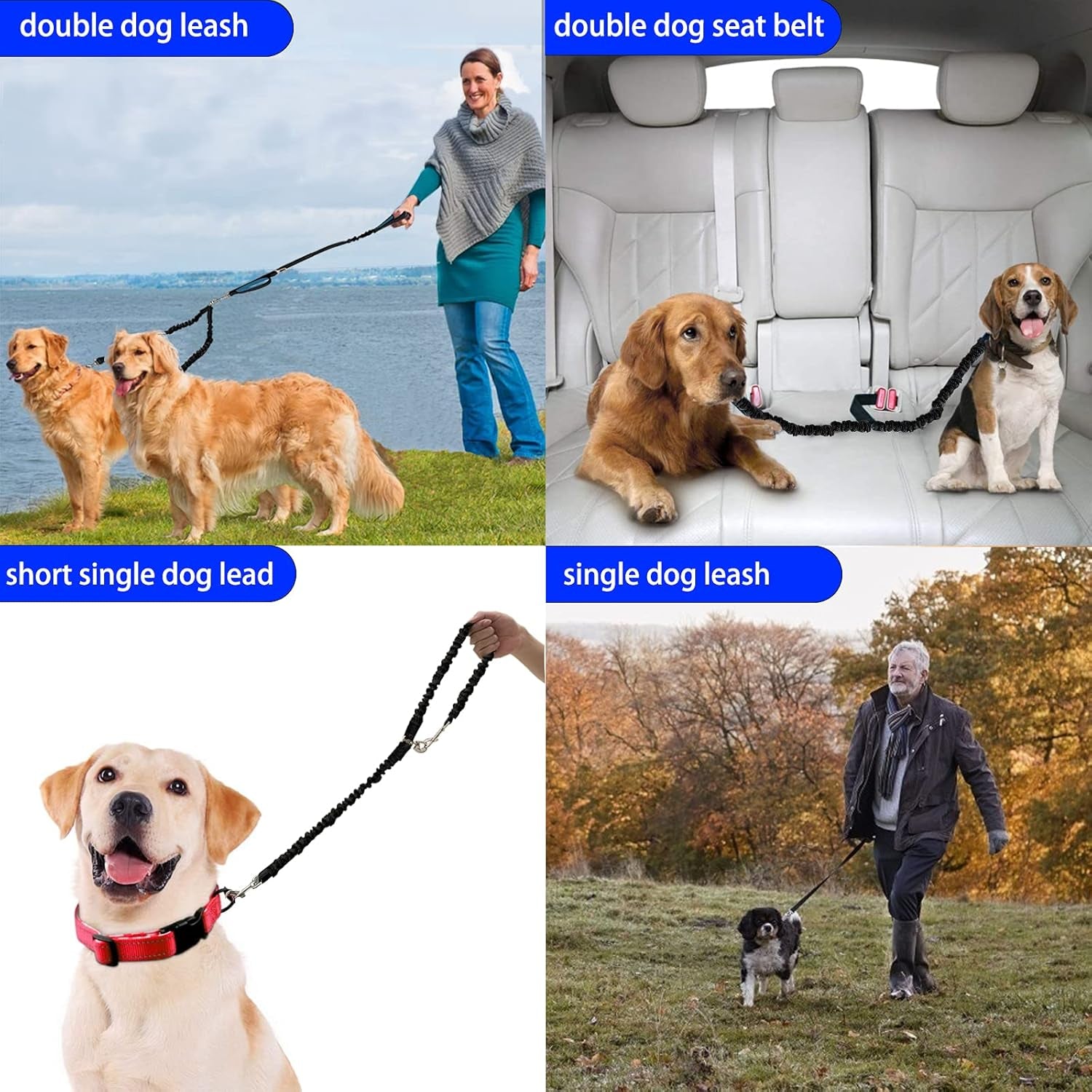 Dual Dog Leash, Double Leash for 2 Dogs Tangle Free Two Dogs Leash 360° Swivel No Tangle Bungee Reflective Double Leash for Medium Large Dogs Walking Training (Black+Blue)