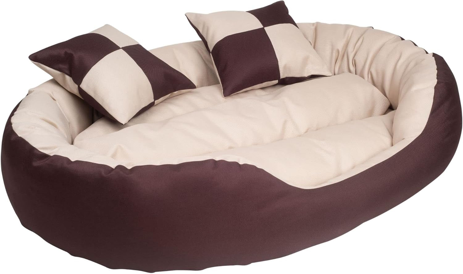 Durable Bolster Sleeper Oval Pet Bed with Removable Reversible Insert Cushion and Additional Two Pillow Toys (6X 6 Inches), Brown to Beige Color, by , Large 34X27 Inches
