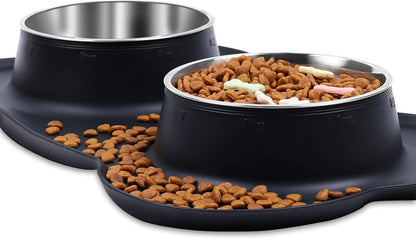 Dog Bowls, Dog Food Bowls, Stainless Steel Cat Puppy Water Bowls with Non Spill Skid Resistant Silicone Mat, Large, Black