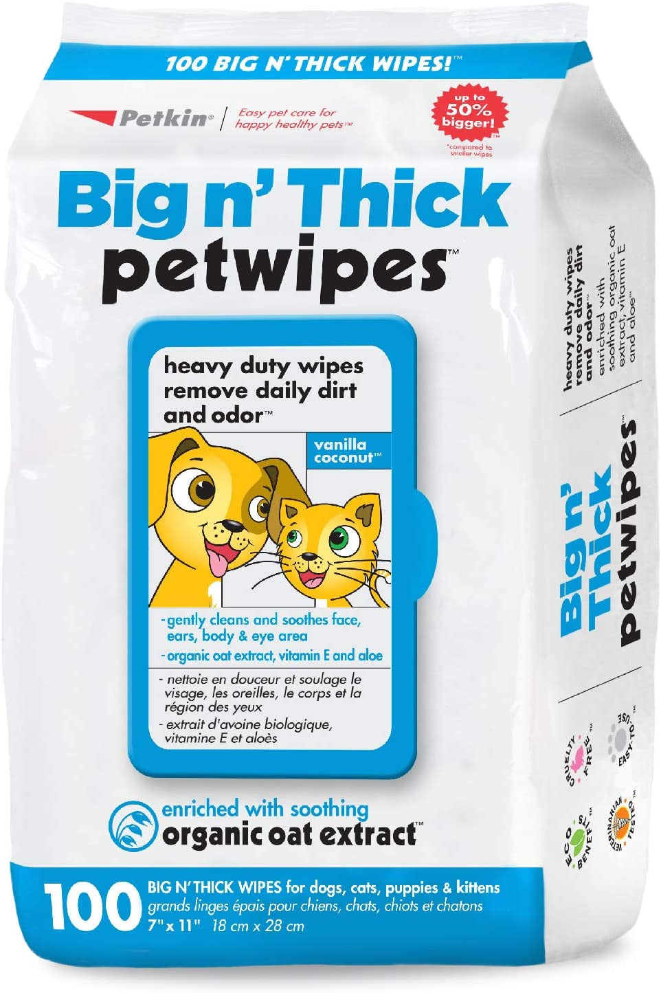 Large Pet Wipes for Dogs and Cats, 200 Count, Organic Oat Extract, Moistened with Gentle Cleaning Formula, Ideal for Home or Travel