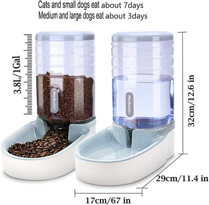 Automatic Dog Cat Feeder and Water Dispenser Set,Waterer and Gravity Food Feeder for Small & Medium Dogs Cats Puppies,Large Capacity 1 Gallon X 2 (Grey)