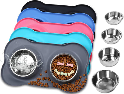 Dog Bowls, Dog Food Bowls, Stainless Steel Cat Puppy Water Bowls with Non Spill Skid Resistant Silicone Mat, Large, Black