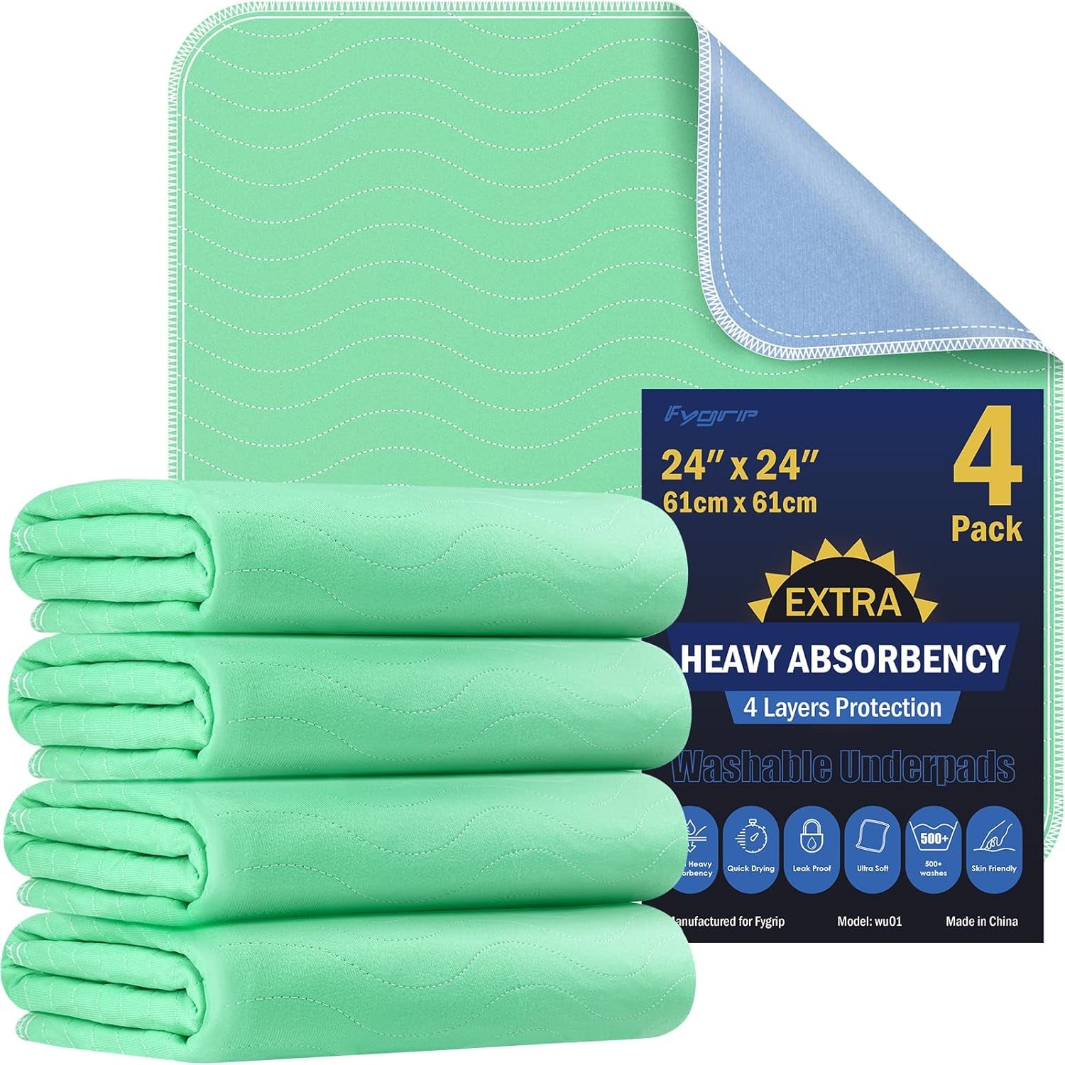 4 Pack 24” X 24” Extra Heavy Absorbency Washable Underpads, Waterproof Nursing Pads Incontinence Bed Pads, Reusable Washable Pee Pads for Dogs, Diaper Changing & Adults, Washable Puppy Pads