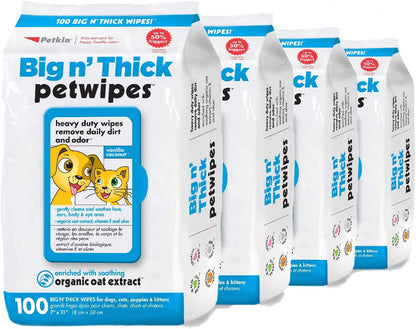 Large Pet Wipes for Dogs and Cats, 200 Count, Organic Oat Extract, Moistened with Gentle Cleaning Formula, Ideal for Home or Travel