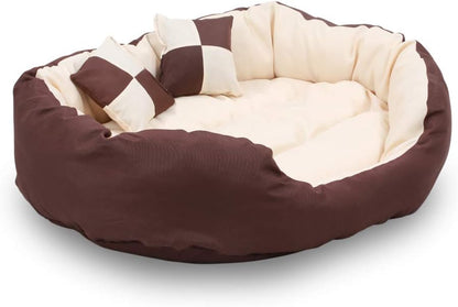Durable Bolster Sleeper Oval Pet Bed with Removable Reversible Insert Cushion and Additional Two Pillow Toys (6X 6 Inches), Brown to Beige Color, by , Large 34X27 Inches