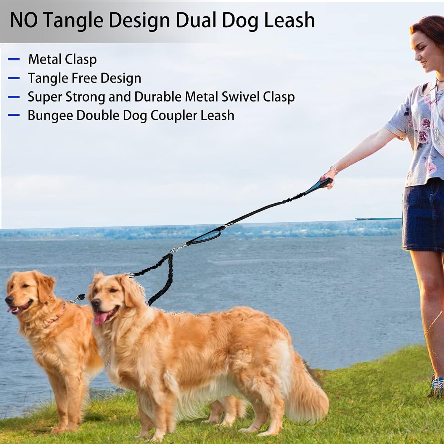 Dual Dog Leash, Double Leash for 2 Dogs Tangle Free Two Dogs Leash 360° Swivel No Tangle Bungee Reflective Double Leash for Medium Large Dogs Walking Training (Black+Blue)