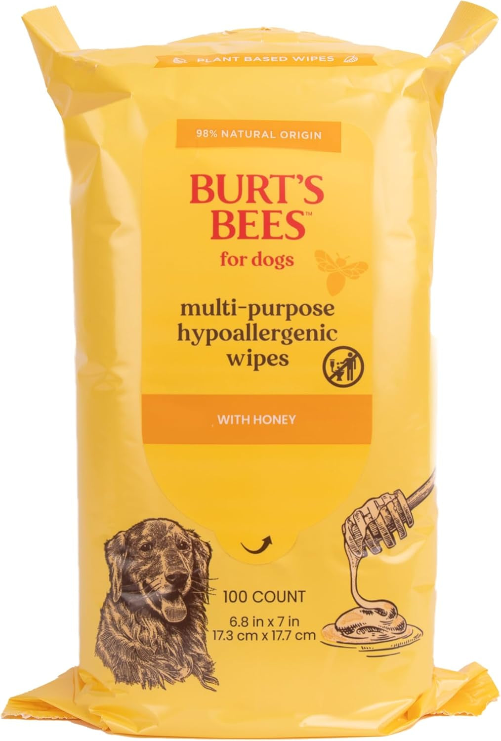Multipurpose Dog Wipes with Honey, 98% Natural Origin Formulas, Hypoallergenic Dogs Wipe, Canine Cleaning Sheets for Paws and Butt, 3 Pk, 50Ct