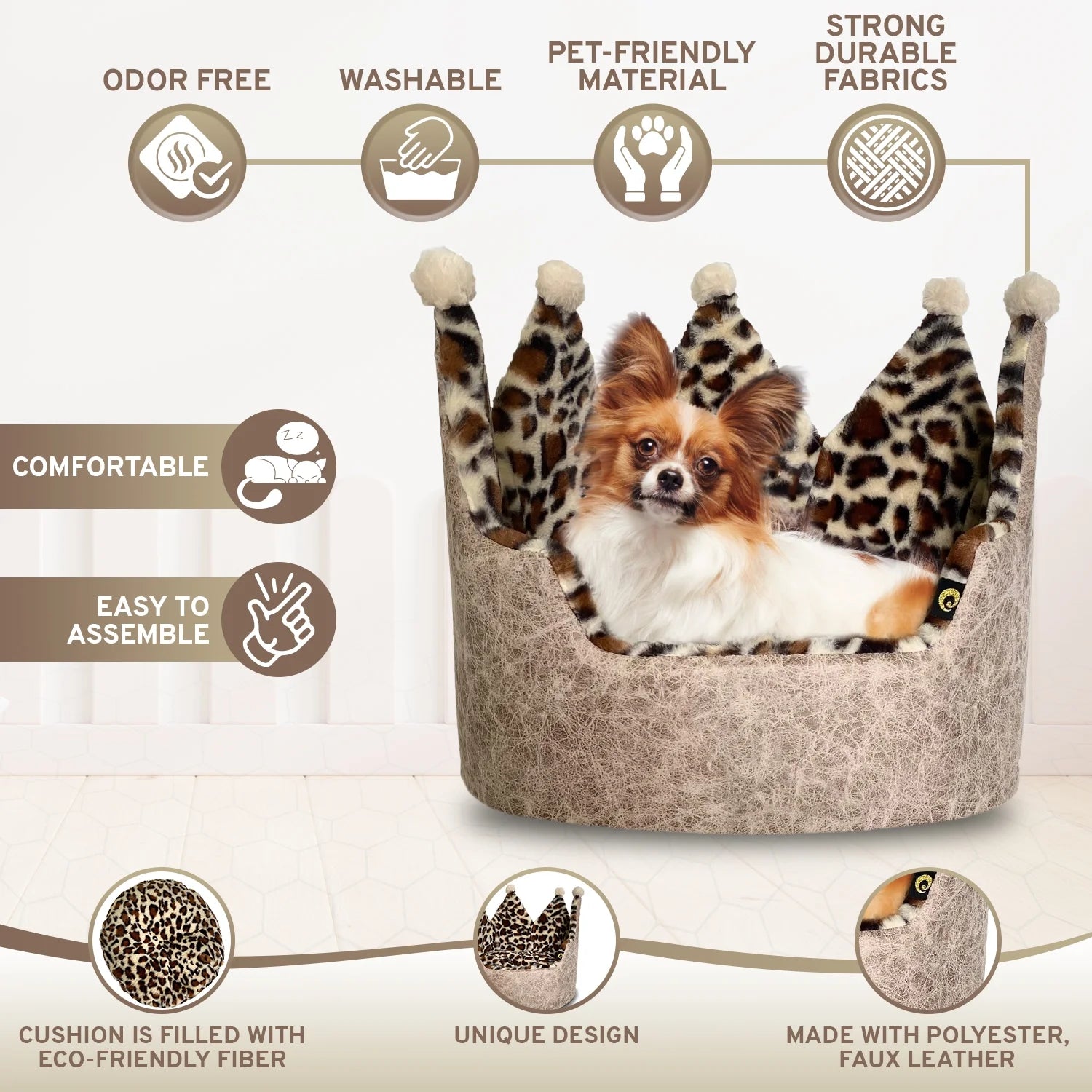 Luxury Leopard Print Crown-Shaped Bed for Small Dogs and Cats - Cozy, Stylish, and Plush Pet Bedding with Royal Design